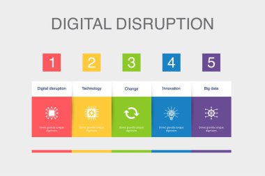 digital disruption, technology, change, innovation, big data, icons Infographic design layout template. Creative presentation concept with 5 options