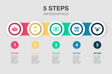 dividend income, drop ship, online course, online store, rental property, icons Infographic design layout template. Creative presentation concept with 5 options