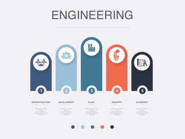 Infrastructure, development, plant, industry, blueprint, icons Infographic design layout template. Creative presentation concept with 5 options
