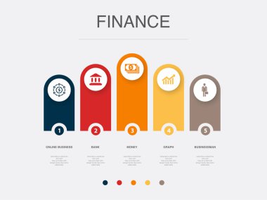 Finance, Bank, Money, Graph, Businessman, icons Infographic design layout template. Creative presentation concept with 5 options