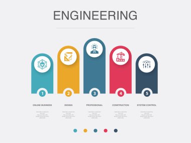 engineering, design, professional, construction, System Control, icons Infographic design layout template. Creative presentation concept with 5 options