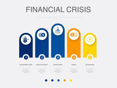 Government debt, world economy, Private debt, Bonds, Refinancing, icons Infographic design layout template. Creative presentation concept with 5 options