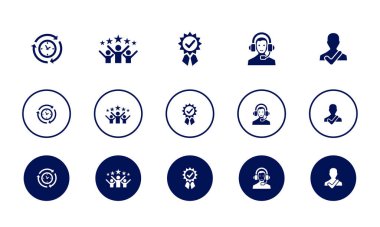 verimlilik, memnuniyet, kalite, destek, güvenilirlik, ikonlar dizayn şablonu. Yaratıcı konsept simgeleri 5 element tasarımı belirledi