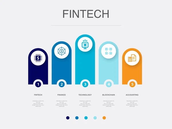 stock vector fintech, finance, technology, blockchain, accounting, icons Infographic design layout template. Creative presentation concept with 5 options