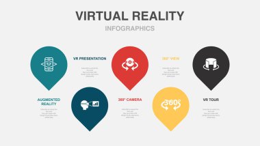 Augmented reality, VR presentation, 360 camera, 360 view, VR tour, icons Infographic design layout template. Creative presentation concept with 5 options