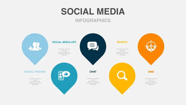 Social Friends Social Media App Chat Search Smm Icons Infographic — Archivo Imágenes Vectoriales