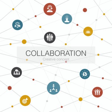 Basit simgelerle işbirliği modu web şablonu. Takım çalışması, destek, iletişim, motivasyon gibi unsurları içerir