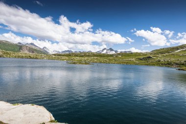 Lake Totensee on the Grimsel mountain pass, Valais, Switzerland. The Grimsel Pass is a mountain pass in Switzerland that connects the Bernese Oberland with the canton of Valais. With an altitude of 2,164 meters above sea level (7,100 ft) 