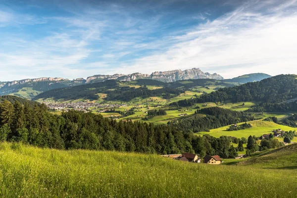 stock image Appenzellerland, view of Appenzell and the Alpstein mountains with Saentis summit and Hoher Kasten, Canton Appenzell Innerrhoden, Switzerland