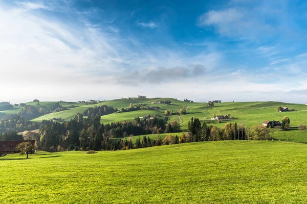 Hilly Landscape Farmhouses Green Meadows Appenzellerland Canton Appenzell Innerrhoden Ελβετία — Φωτογραφία Αρχείου