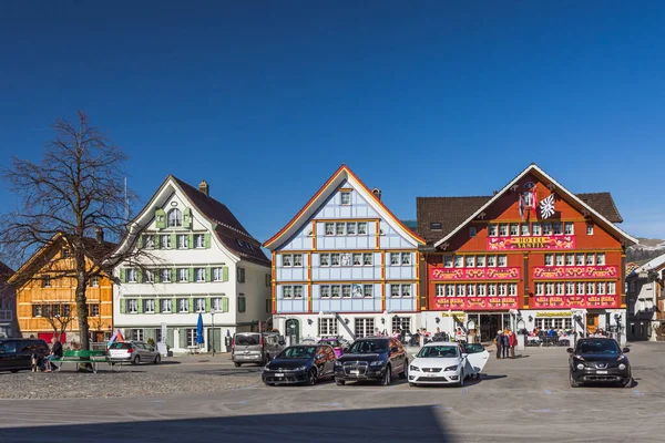Appenzell Canton Appenzell Innerrhoden Szwajcaria Lutego 2019 Domy Malowanymi Fasadami — Zdjęcie stockowe