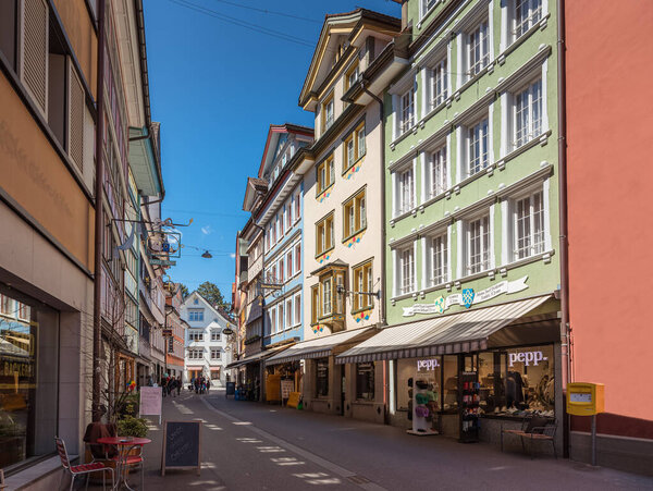 Appenzell, Canton Appenzell Innerrhoden, Switzerland - April 21, 2023. Typical Appenzell houses in the main street of Appenzell