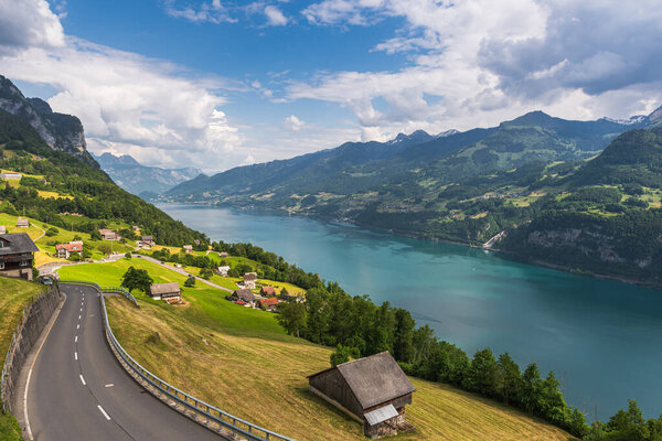 View of lake Walensee in the Swiss Alps, Amden, Canton Sankt Gallen, Switzerland