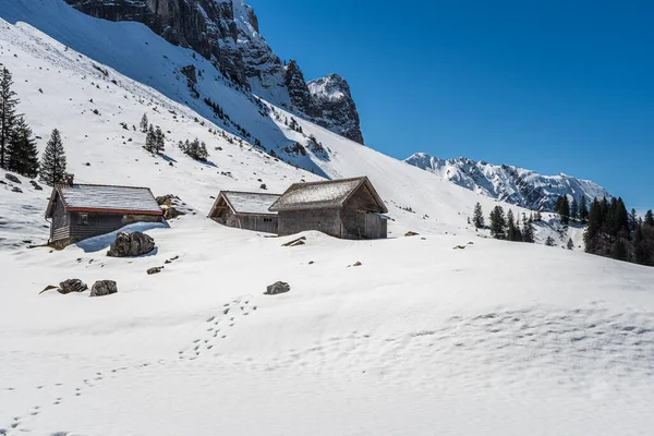 Holzhütten Schnee Den Appenzeller Alpen Schwägalp Appenzell Ausserrhoden Schweiz — Stockfoto