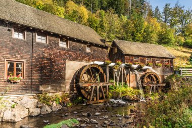 Furtwangen, Baden-Wuerttemberg, Almanya - 17 Ekim 2023. Hexenlochmuehle, Hexenloch Mill, Kara Orman 'da iki su tekerleği olan geleneksel su değirmeni.