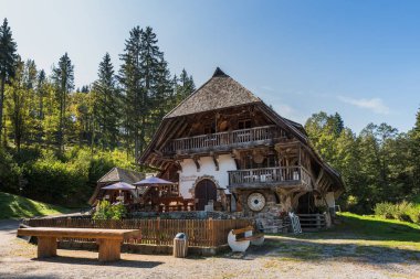 Grafenhausen, Baden-Wuerttemberg, Almanya - 27 Eylül 2023. Geleneksel Kara Orman evi, Tannenmuehle 'deki değirmen müzesi.