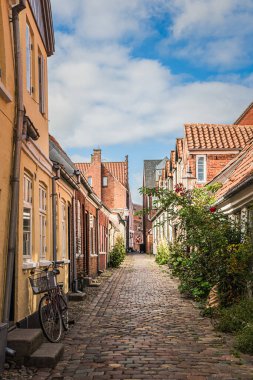 Ribe, Jutland, Danimarka 'daki Cobblestone sokağı.