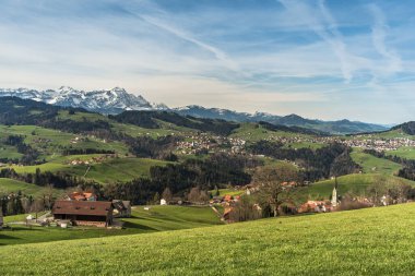 View of the Alpstein mountains with the Saentis, typical hilly landscape in Appenzellerland with villages and green meadows, Rehetobel, Canton of Appenzell Ausserrhoden, Switzerland clipart