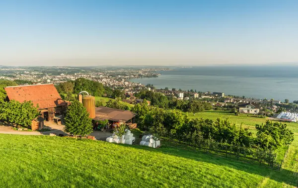 stock image Panoramic view from Rorschacherberg to Lake Constance and Rorschach, Canton of St. Gallen, Switzerland