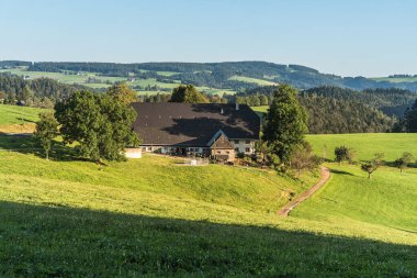 Yeşil çayır ve ağaçlarla çevrili Kara Orman 'da geleneksel çiftlik evi, St. Maergen, Baden-Wuerttemberg, Almanya