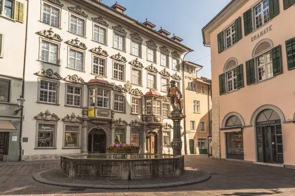 Schaffhausen, Schaffhausen Kantonu, İsviçre - 30 Mart 2025. Vordergasse, eski Schaffhausen kasabasında Tellenbrunnen çeşmesi ve tarihi binaları olan bir yaya bölgesi.
