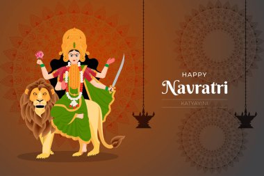 Mutlu Navratri dilekleri, Navratri konsept sanatı, Tanrıça Durga 'nın 9 avatarının çizimi, Katyayini