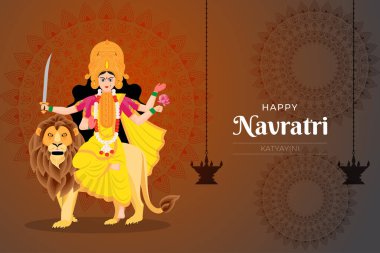 Mutlu Navratri dilekleri, Navratri konsept sanatı, Tanrıça Durga 'nın 9 avatarının çizimi, Katyayini