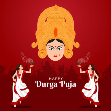 İnsanların mutlu Durga Puja 'yı, Subh Navratri Festivali' ni Dhunuchi 'nin dhak müziği eşliğinde kutlaması.