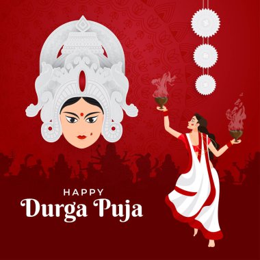 İnsanların mutlu Durga Puja 'yı, Subh Navratri Festivali' ni Dhunuchi 'nin dhak müziği eşliğinde kutlaması.