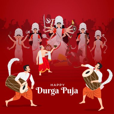 Illustration of people celebrating the Happy Durga Puja, Subh Navratri Festival with Dhunuchi dance on dhak music clipart