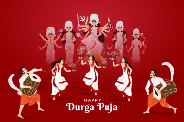 İnsanların mutlu Durga Puja 'yı, Subh Navratri Festivali' ni Dhunuchi 'nin dhak müziği eşliğinde kutlaması.