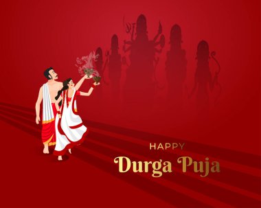 Illustration of people celebrating the Happy Durga Puja, Subh Navratri Festival with Dhunuchi dance on dhak music clipart