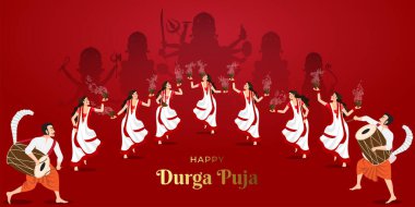 İnsanların mutlu Durga Puja 'yı, Subh Navratri Festivali' ni Dhunuchi 'nin dhak müziği eşliğinde kutlaması.