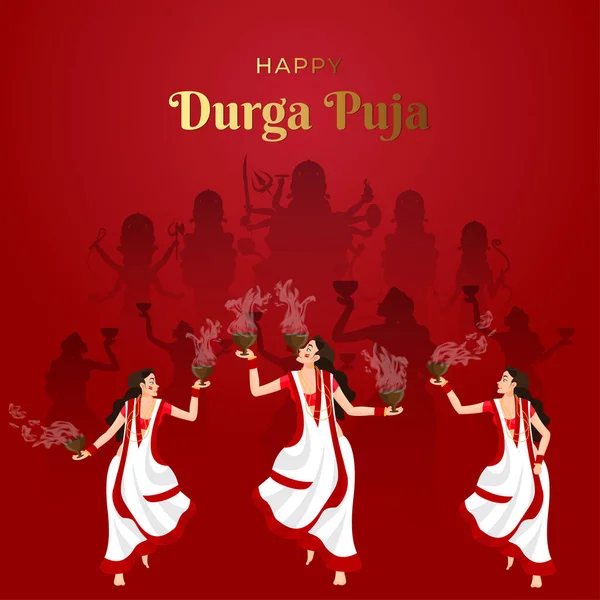 Stock vector Illustration of people celebrating the Happy Durga Puja, Subh Navratri Festival with Dhunuchi dance on dhak music