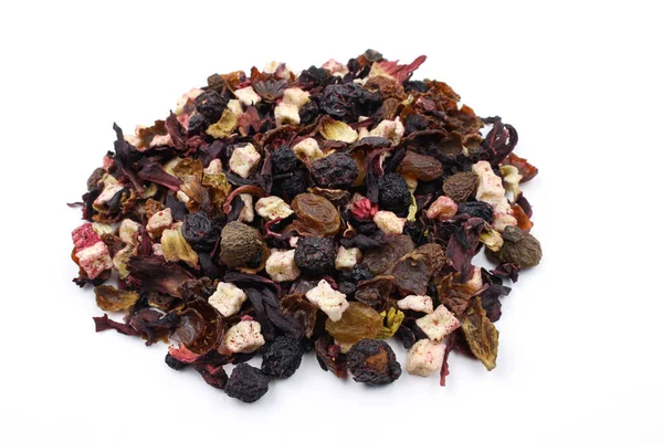 Pile Fruit Tea White Background Mix Fruit Pieces Hibiscus Petals — Stock Photo, Image