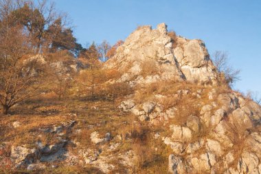 Polonya, Malopolska, Krakow açıklarında, Rudawa Nehri Vadisi, Ekim ayında Skaly Kmity Tepesi, öğleden sonra ışığı