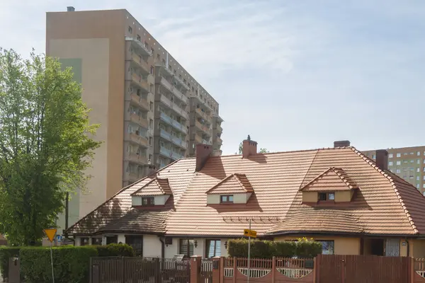 stock image Poland, Upper Silesia, Katowice, Giszowiec District, Ancient and Modern Housing of Staszic developement sunlit in spring