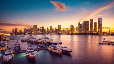 the skyline of miami during sunset with a marina