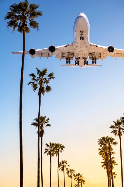 Nowoczesny Samolot Przylatuje Wieczornym Słońcu — Zdjęcie stockowe