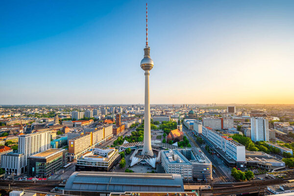 Panoramic view at the city center of berlin during sunset