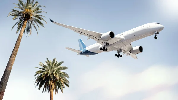 Nowoczesny Samolot Przylatuje Nad Palmami — Zdjęcie stockowe