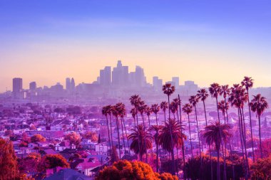 the skyline of los angeles during sunset