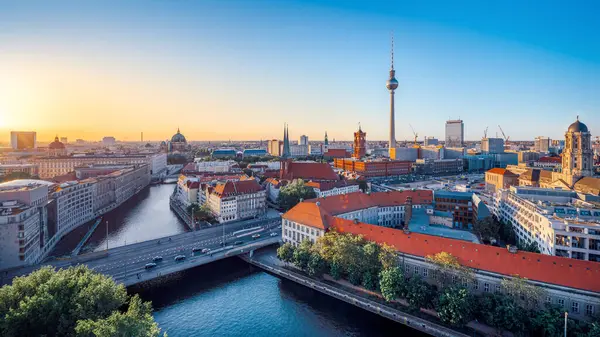 Panorama Berlína Při Západu Slunce Německo Stock Snímky