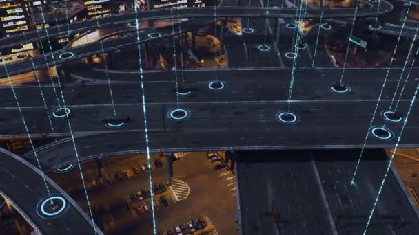 センサを使用して都市を自動運転して町をナビゲートする未来型電気自動車 Artificial Intelligence Cgi — ストック動画