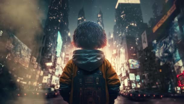 Ребенок Стоящий Посреди Переполненной Площади Футуристическом Мегаполисе Высоких Технологий — стоковое видео