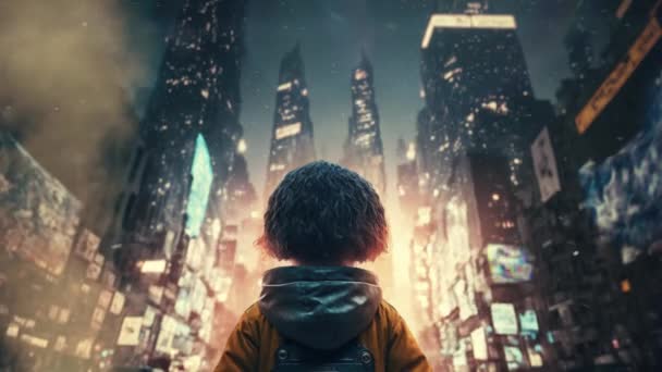 Lonely Child Standing Middle Busy Crowded Street Square Futuristic Megapolis — Stock Video
