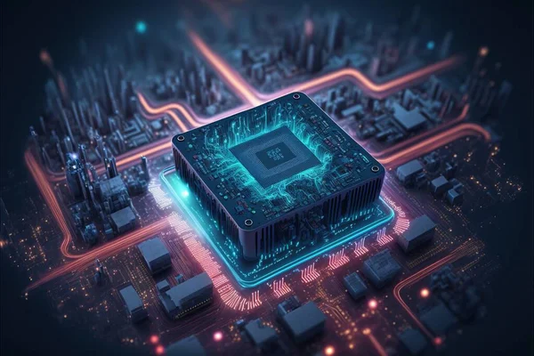 A Computer Processor With A Blue Light On Top Of It In A Cityscape With A Blue Light On Top Of It And A Red Light On Top Of It, Computer Graphics, Computer Art, Isometric View