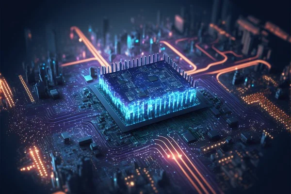 A Computer Processor With A Blue Light On Top Of It In A City At Night Time With Neon Lights On The Buildings And Streets Around It Is A Computer Processor, A Computer Rendering, Computer Art