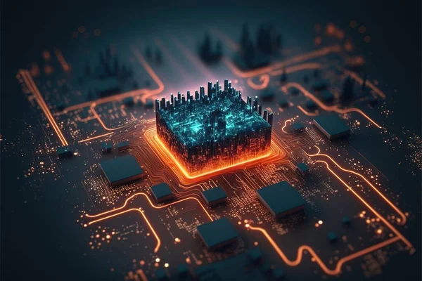 A Computer Circuit Board With A Glowing Cube On Top Of It And Trees In The Background, With A Blue Glow On The Top Of The Top Of The Block, A Computer Rendering, Computer Art, Redshift Render