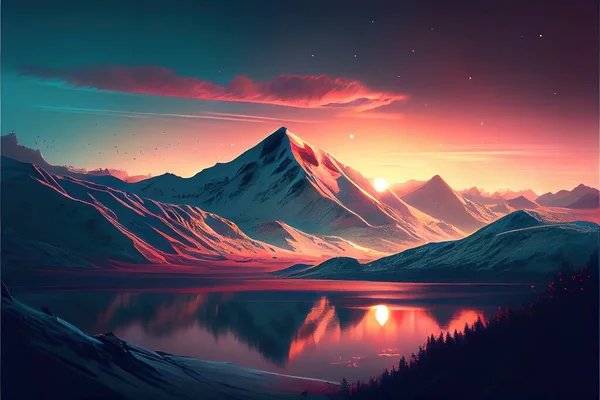 A Painting Of A Mountain Range With A Lake In The Foreground And A Sunset In The Background With A Bright Orange Sun In The Sky Above The Mountains, A Matte Painting, Computer Art, Mountains